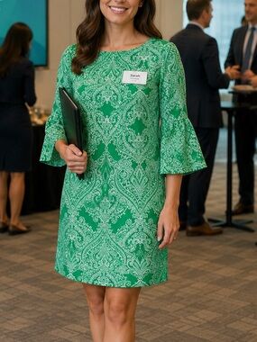 New York & Company Green Paisley Stretch Shift Dress Bell Sleeve Medium